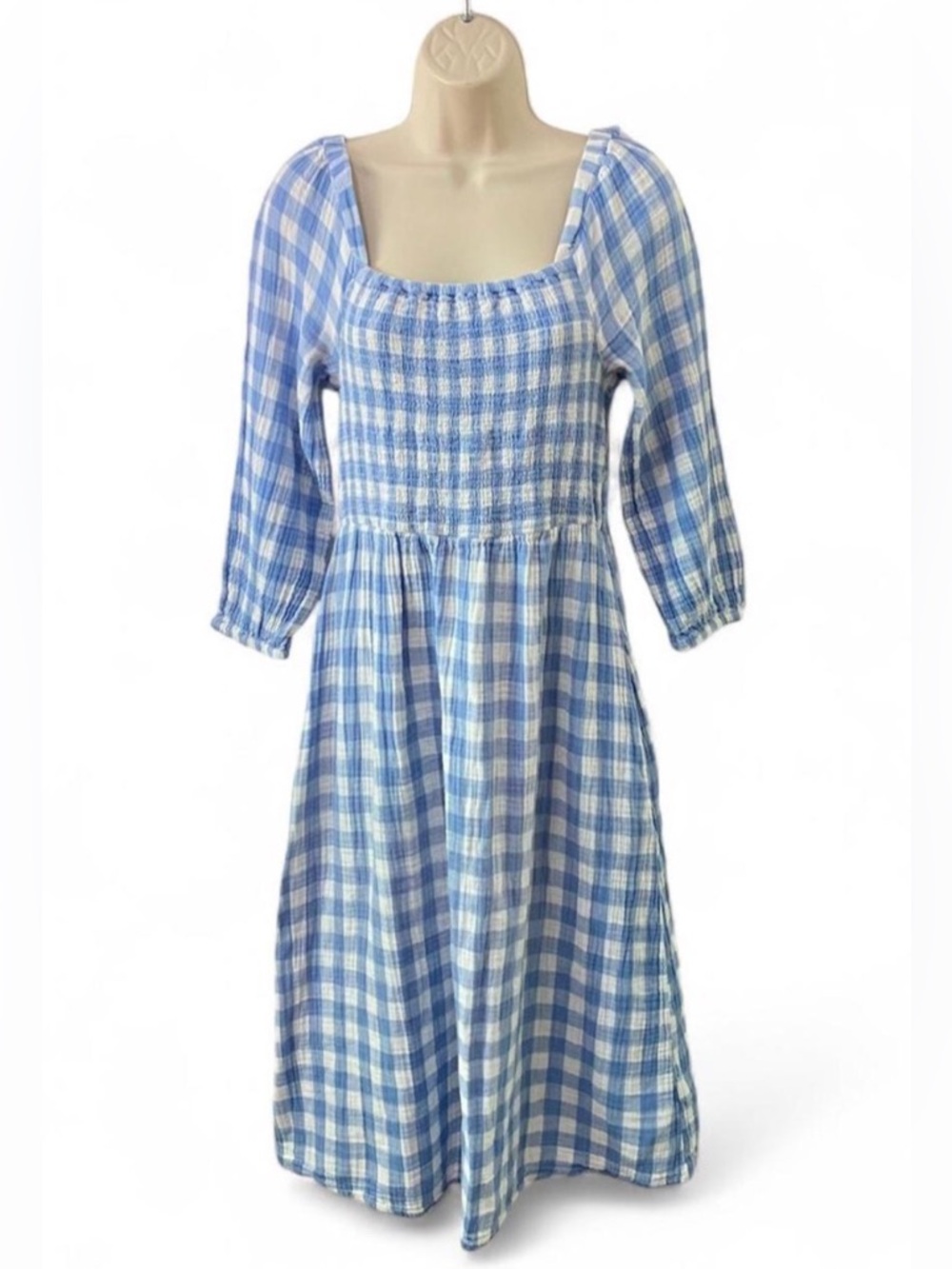 100% Cotton Cottagecore Dress Blue Gingham Check Midi Length Beach Lunch Lounge